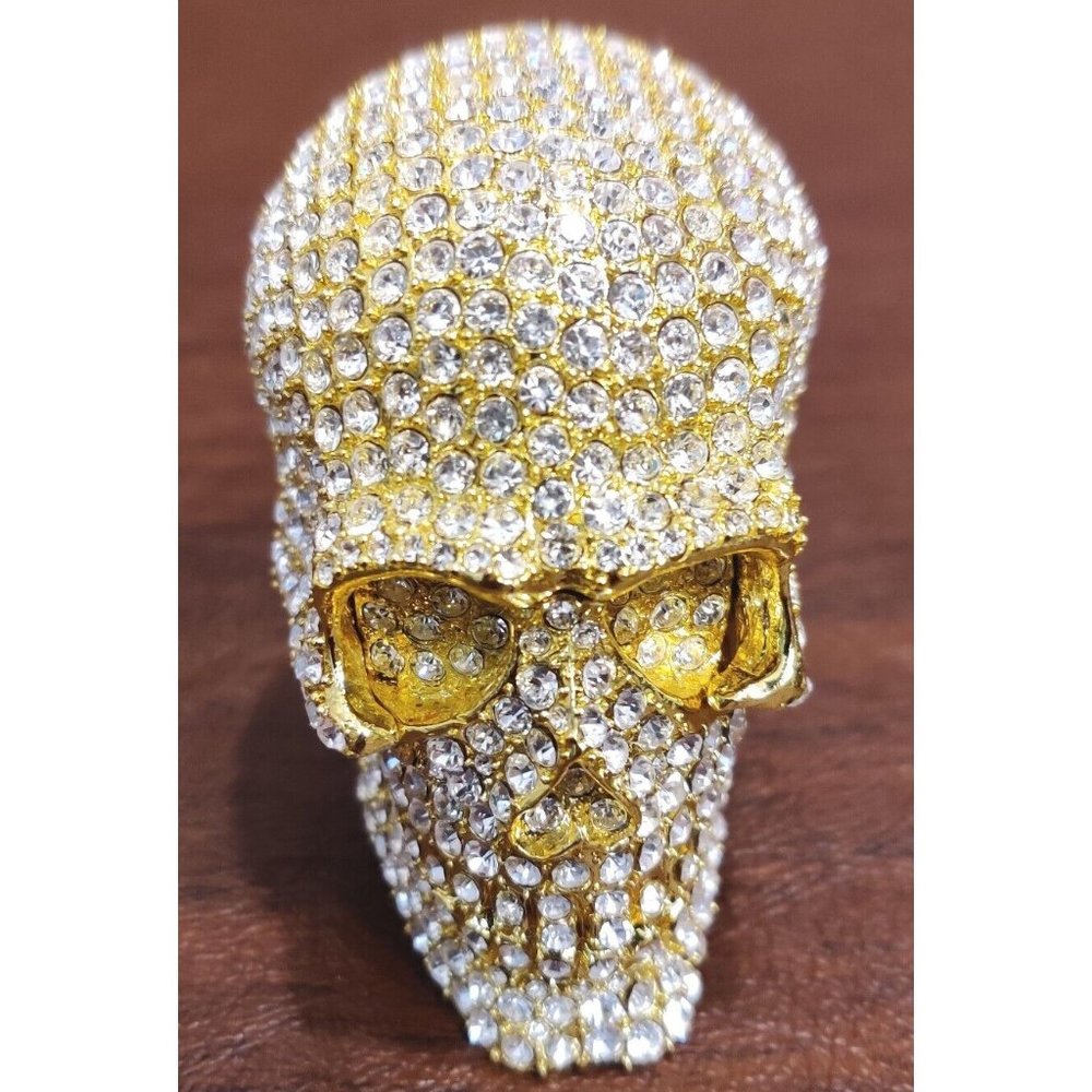 Golden Skull Trinket Jewelry Box with Stunning Rhinestone? Appx 2.75x2x2.5"